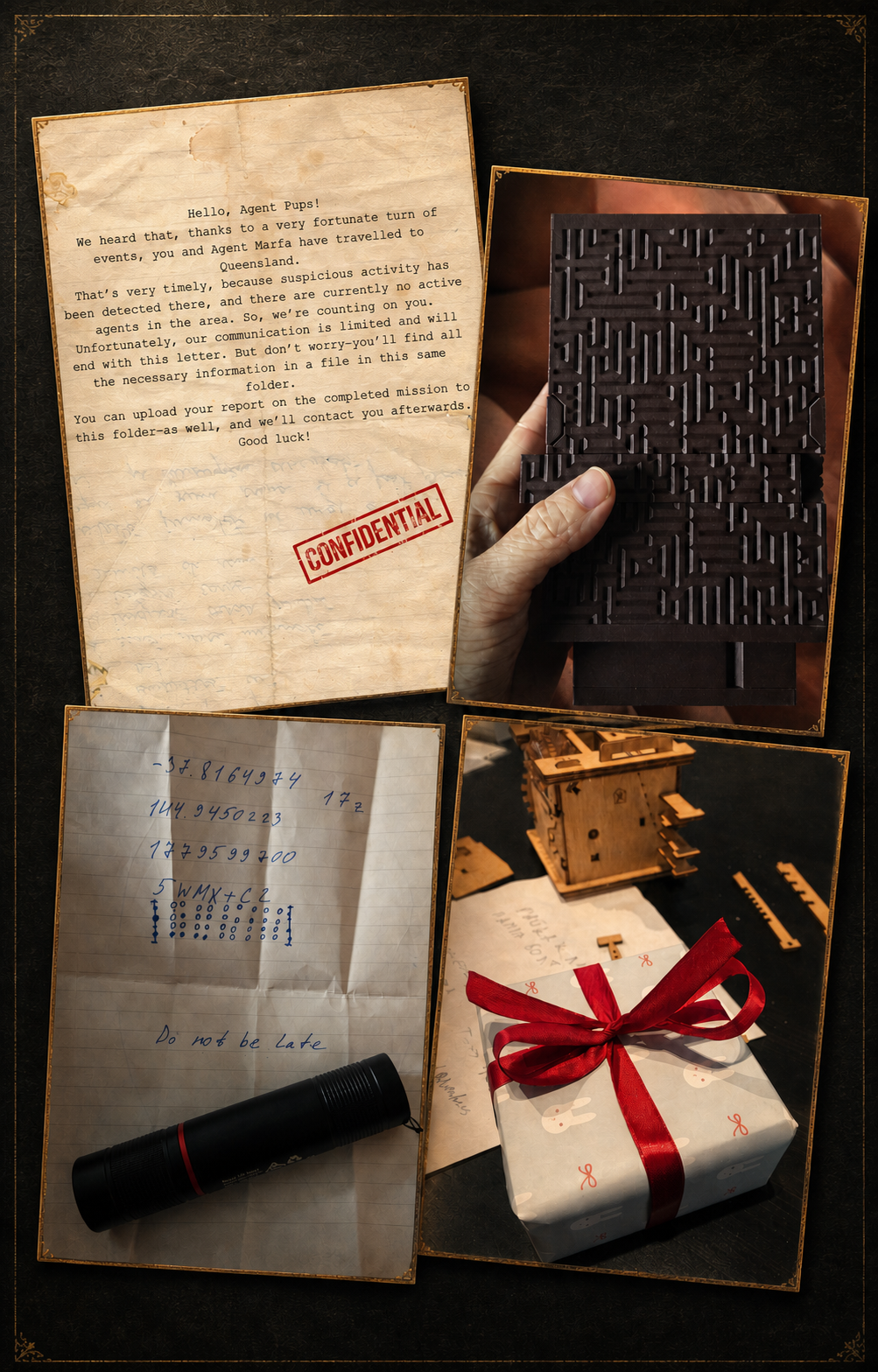 A collage of secret messages, handmade puzzles, clues and a wrapped gift from Ira and Yura's birthday quests