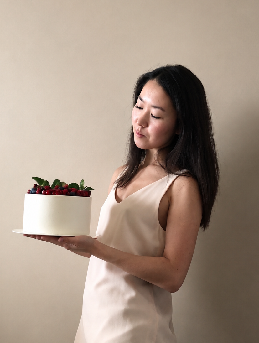 Ira holding a white celebration cake topped with berries